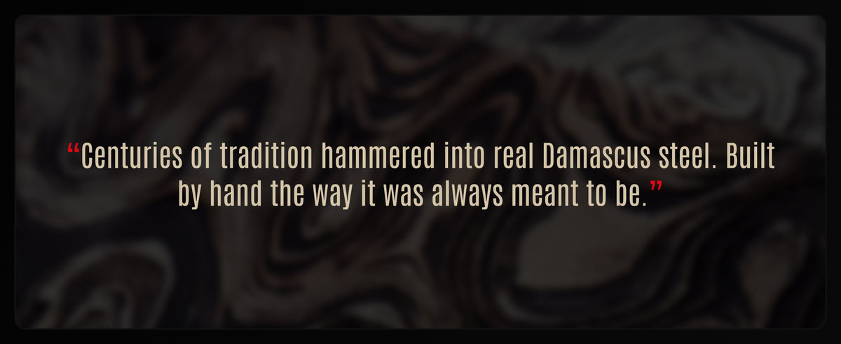 Close-up of a Damascus steel pattern behind a quote about Damascus tradition