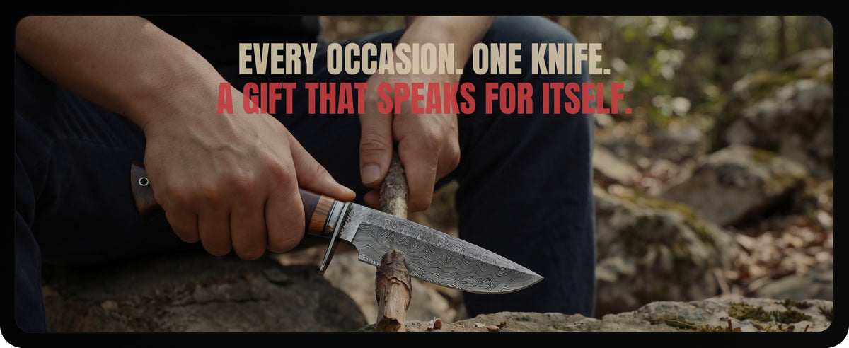 Carving a stick with the knife, under the words Every occasion. One knife. A gift that speaks for itself