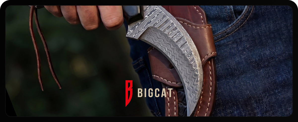 A hand drawing the knife from its leather sheath on a belt, with the Bigcat logo