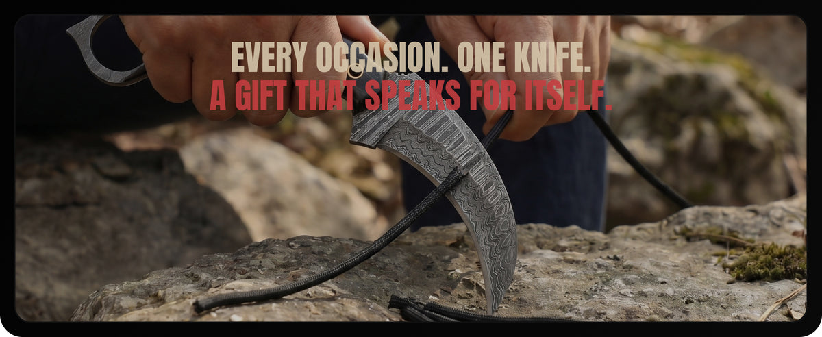 Carving a stick with the knife, under the words Every occasion. One knife. A gift that speaks for itself