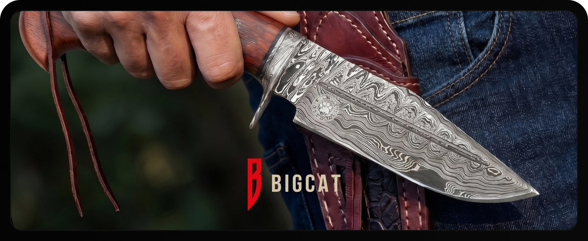 A hand drawing the knife from its leather sheath on a belt, with the Bigcat logo
