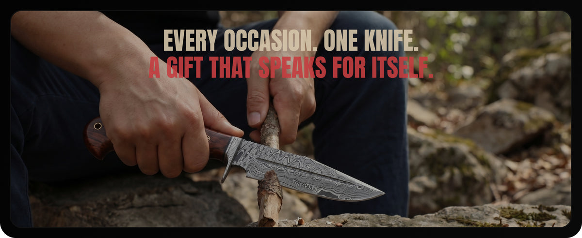 Carving a stick with the knife, under the words Every occasion. One knife. A gift that speaks for itself