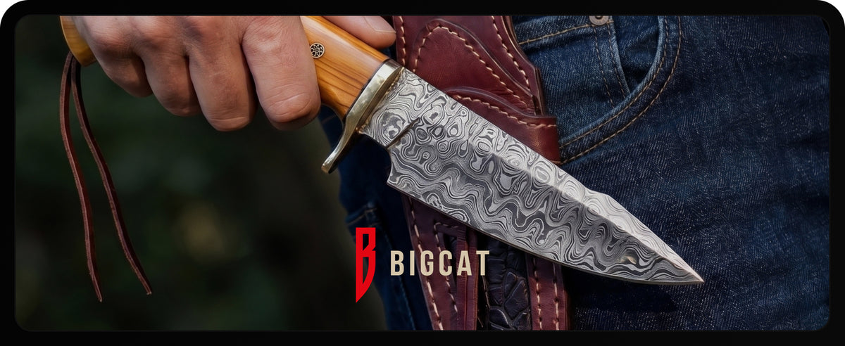 A hand drawing the Predator Hunter from its leather sheath on a belt, with the Bigcat logo