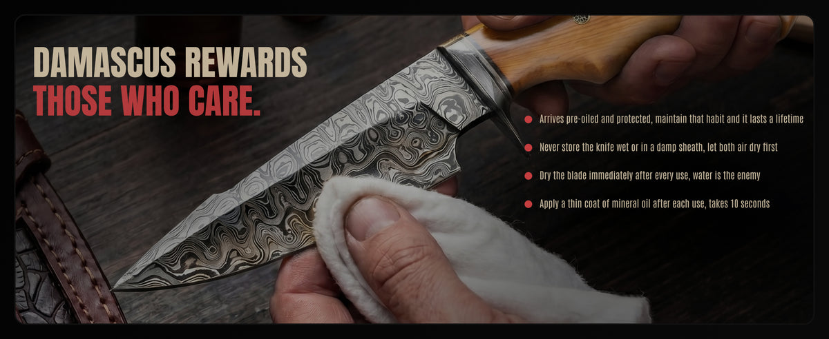 Wiping a Damascus blade with a cloth, beside four care steps: arrives oiled, never store it wet, dry it after use, a thin coat of oil