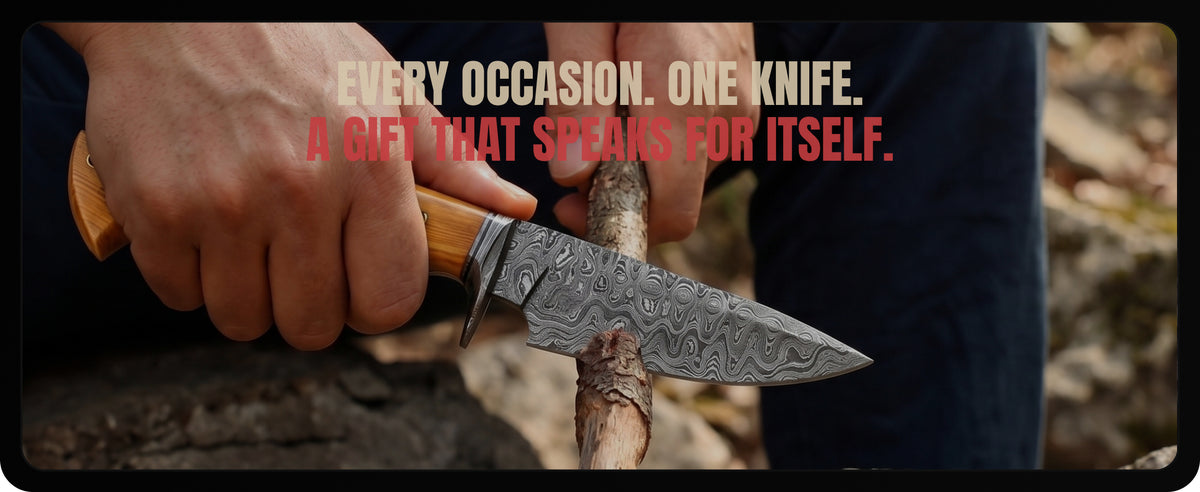 Carving a stick with the Predator Hunter, under the words Every occasion. One knife. A gift that speaks for itself