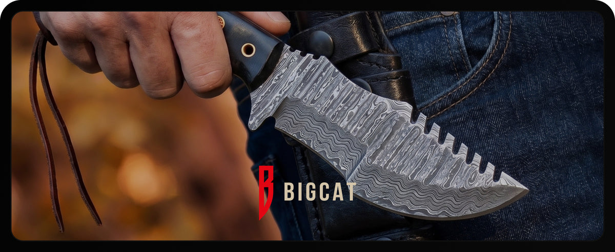 A hand drawing the knife from its leather sheath on a belt, with the Bigcat logo