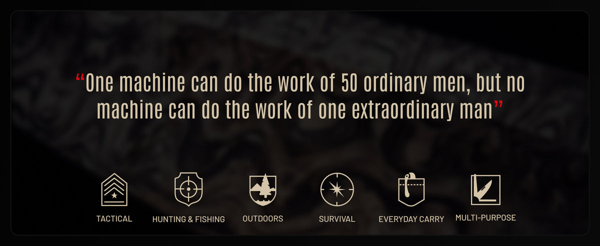 Quote card with icons for tactical, hunting and fishing, outdoors, survival, everyday carry and multi-purpose use