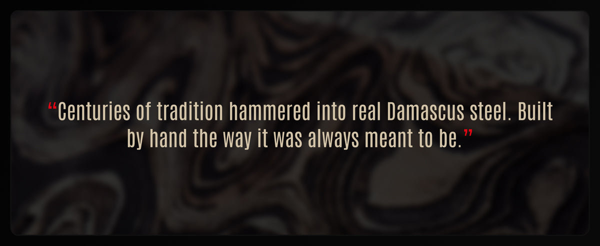 Close-up of a Damascus steel pattern behind a quote about Damascus tradition