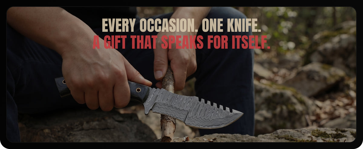 Carving a stick with the knife, under the words Every occasion. One knife. A gift that speaks for itself