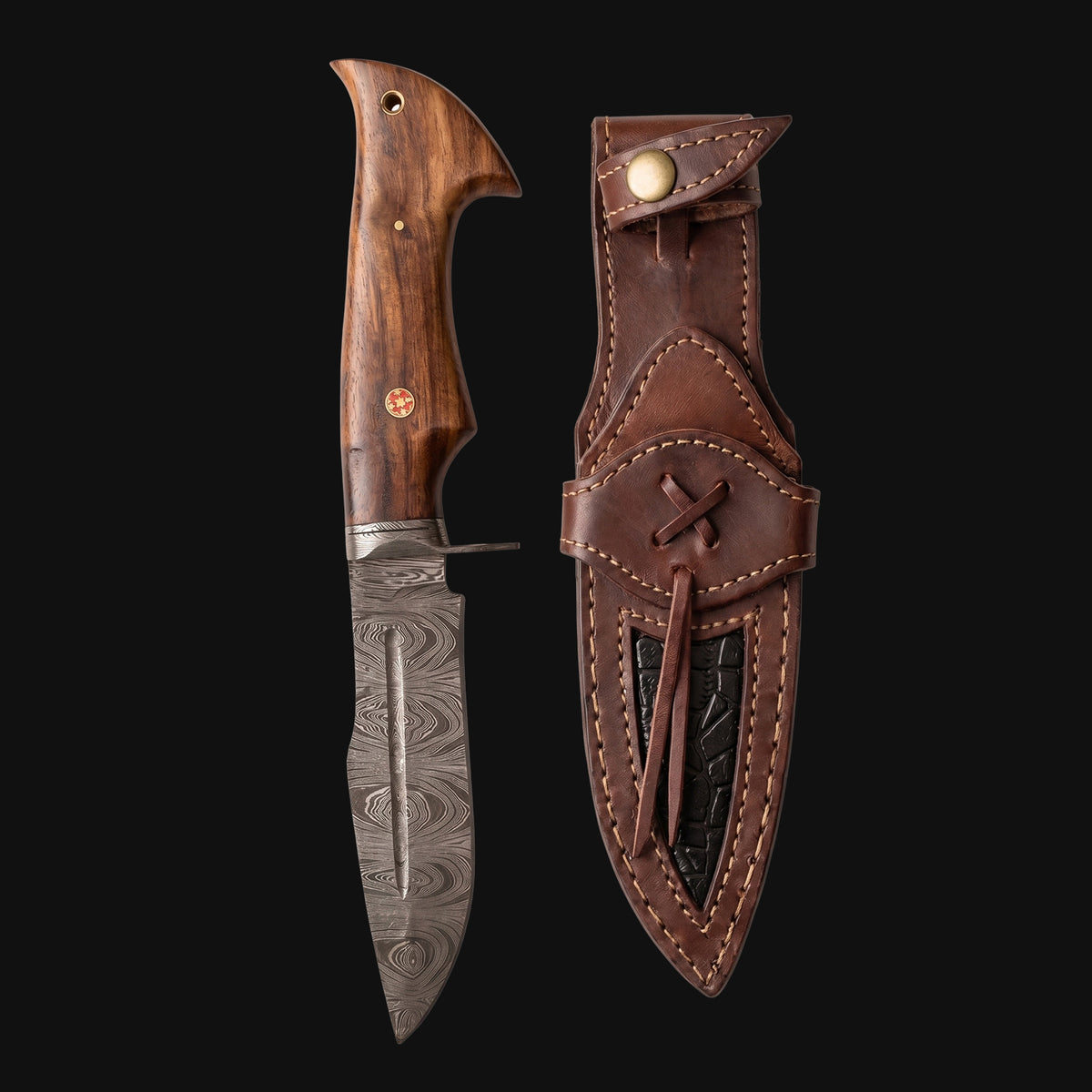 Beast Hunter Damascus Hunting Knife with its leather sheath