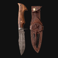 Beast Hunter Damascus Hunting Knife with its leather sheath