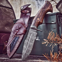 Beast Hunter Damascus Hunting Knife with its leather sheath