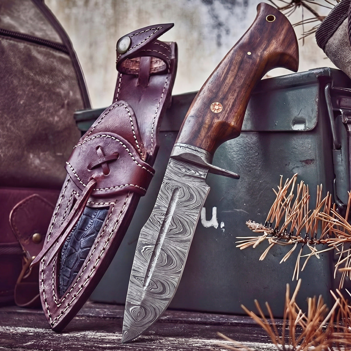 Beast Hunter Damascus Hunting Knife with its leather sheath
