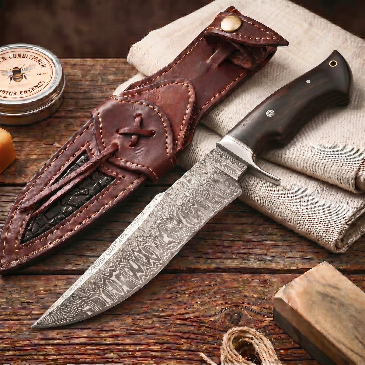 Leopard Hunter Damascus Knife with its leather sheath