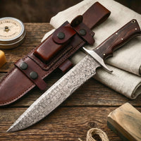 Patriot Damascus Hunting Knife with its leather sheath