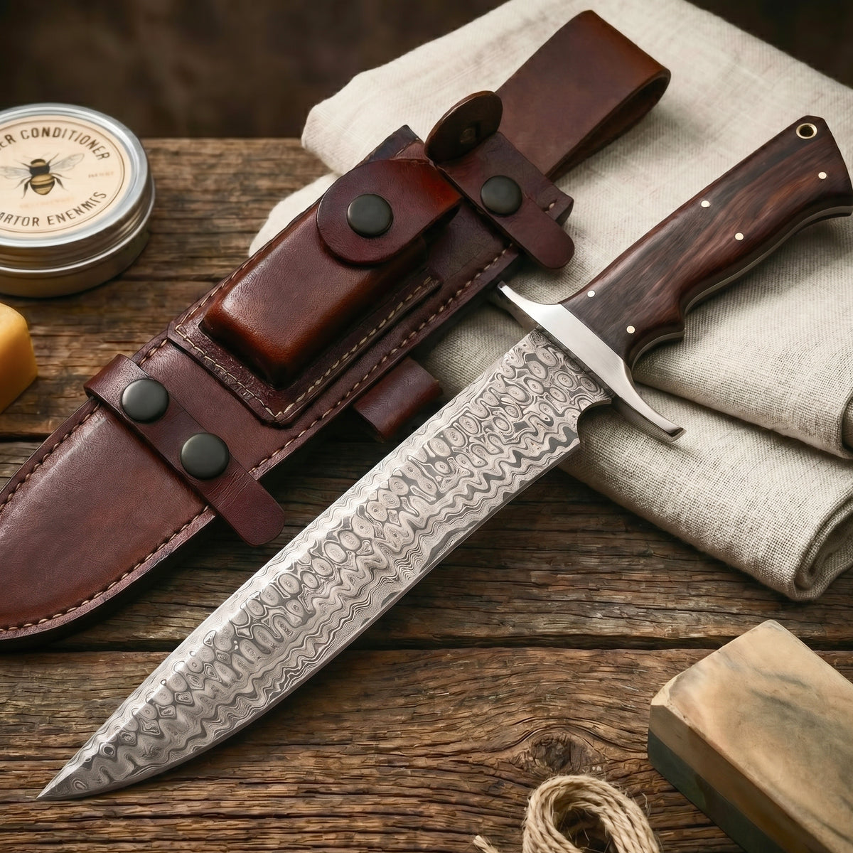 Patriot Damascus Hunting Knife with its leather sheath