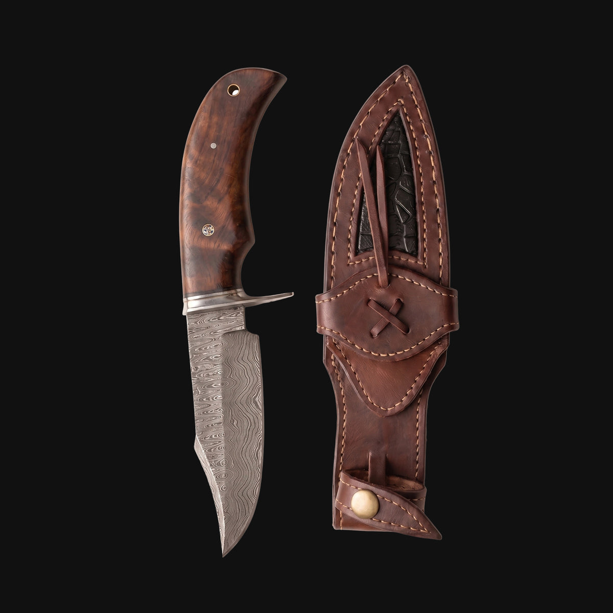 Bear Hunter Damascus Hunting Knife with its leather sheath