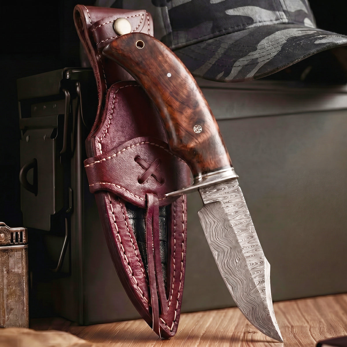 Bear Hunter Damascus Hunting Knife with its leather sheath