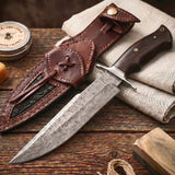 Raptor Damascus Hunting Knife with its leather sheath