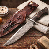 Screaming Eagle Damascus Hunting Knife II with its leather sheath