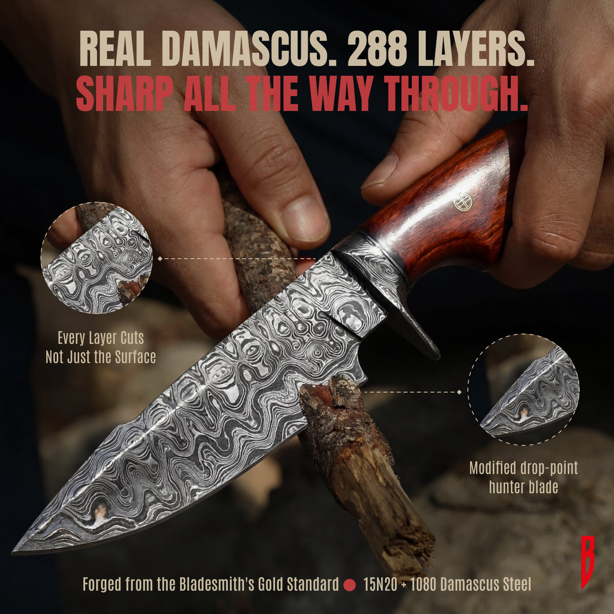 Predator Hunter Damascus Knife, Walnut handle, photo 4