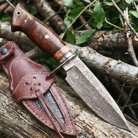 Wild Tiger Damascus Hunting Knife with its leather sheath