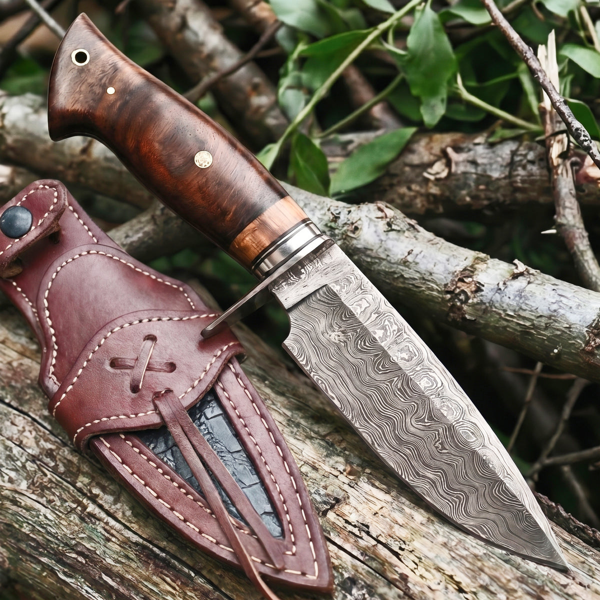 Wild Tiger Damascus Hunting Knife with its leather sheath