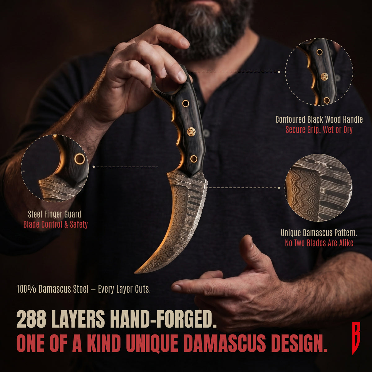 Karambit Desert Fox Damascus Hunting Knife, photo 2