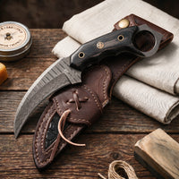 Karambit Desert Fox Damascus Hunting Knife with its leather sheath