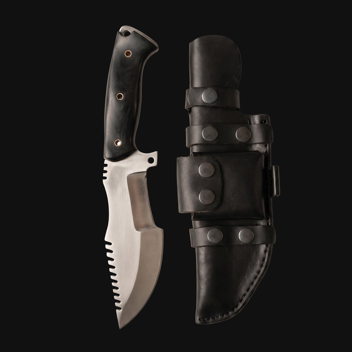 Tracker D2 Steel Hunting Knife with its leather sheath