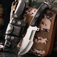 Tracker D2 Steel Hunting Knife with its leather sheath