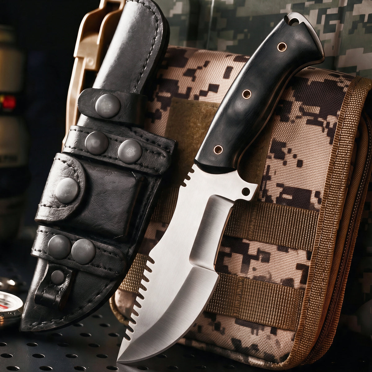 Tracker D2 Steel Hunting Knife with its leather sheath