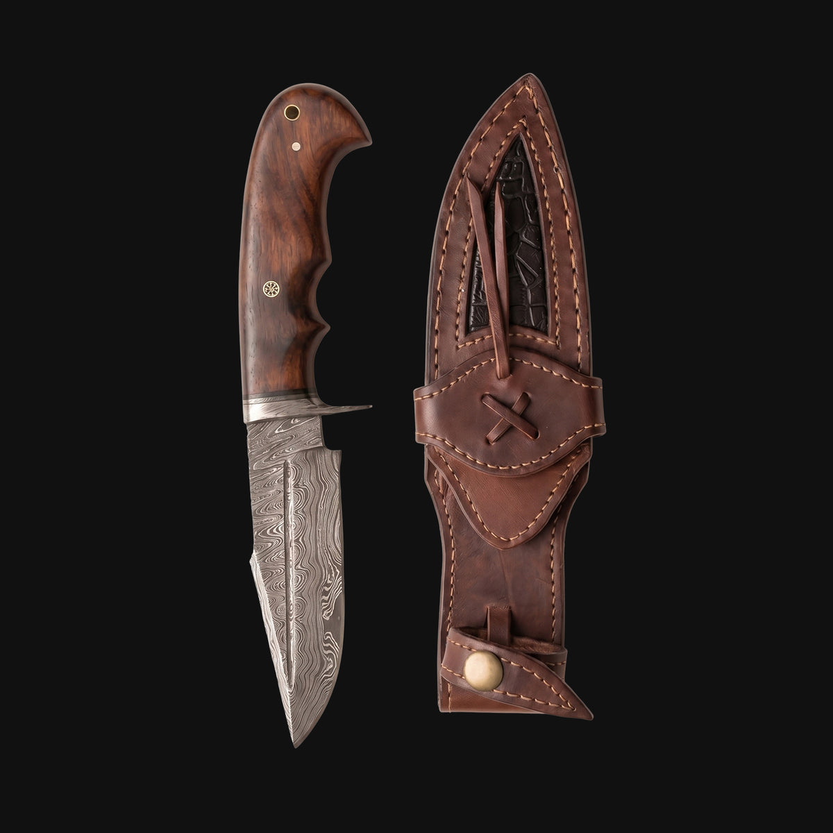 Deer Hunter Damascus Knife with its leather sheath