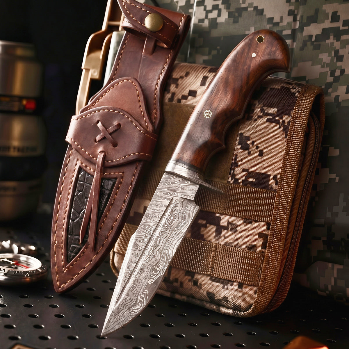 Deer Hunter Damascus Knife with its leather sheath