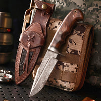 Deer Hunter Damascus Knife with its leather sheath