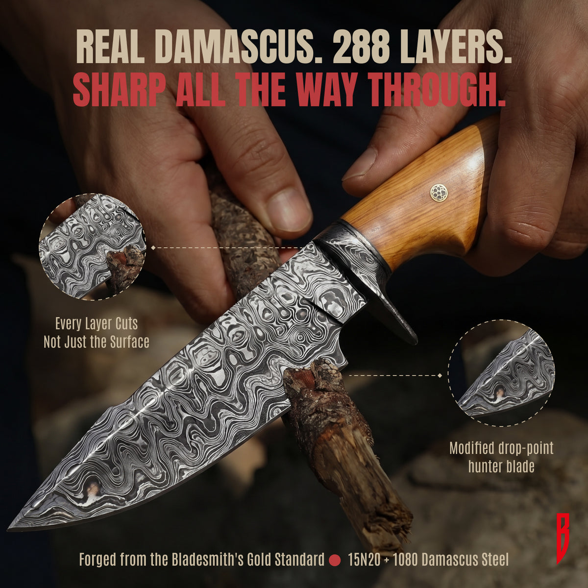 Predator Hunter Damascus Knife, Olive handle, photo 4