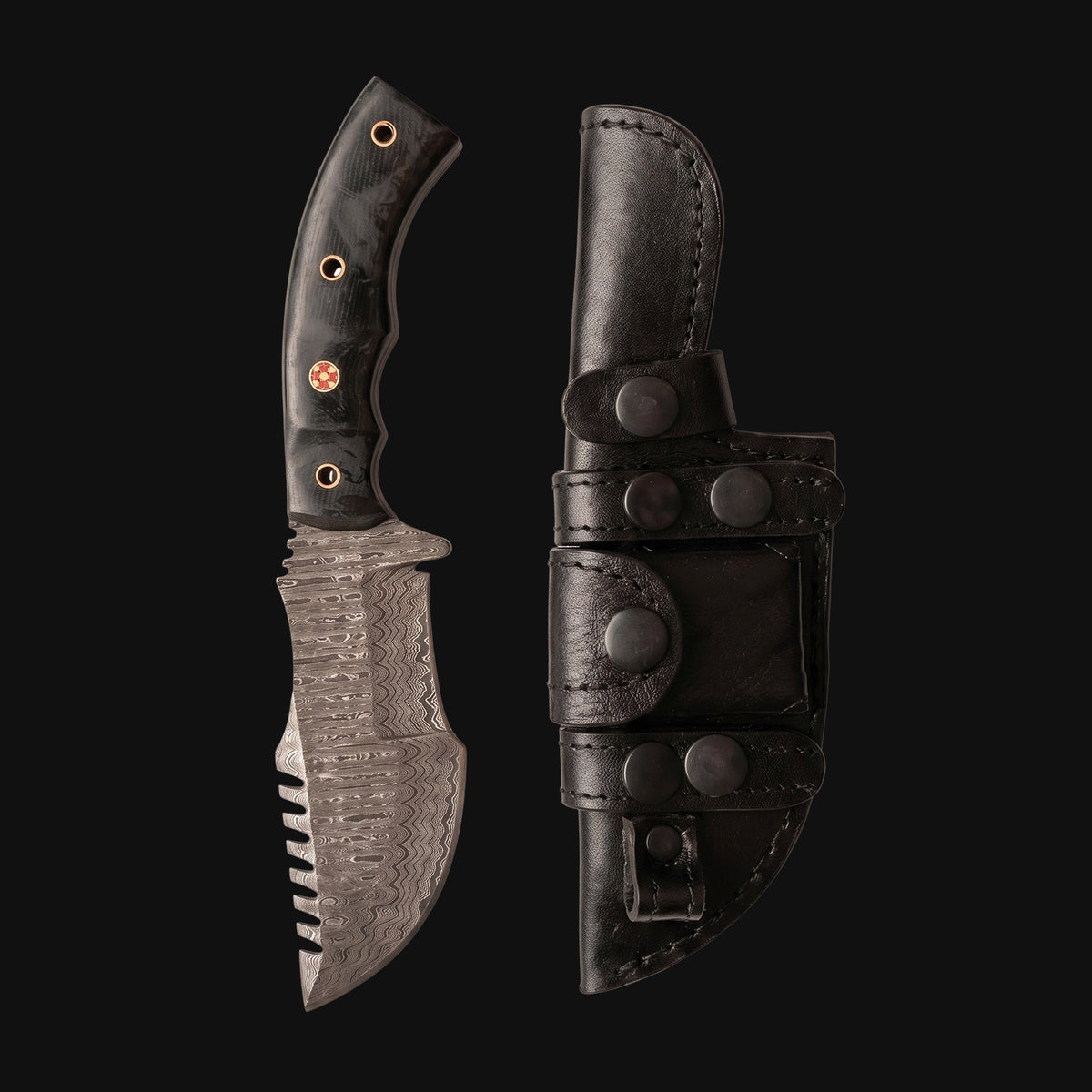 Tracker Damascus Hunting Knife with its leather sheath