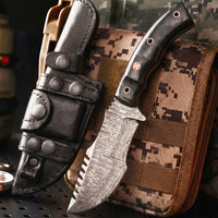 Tracker Damascus Hunting Knife with its leather sheath