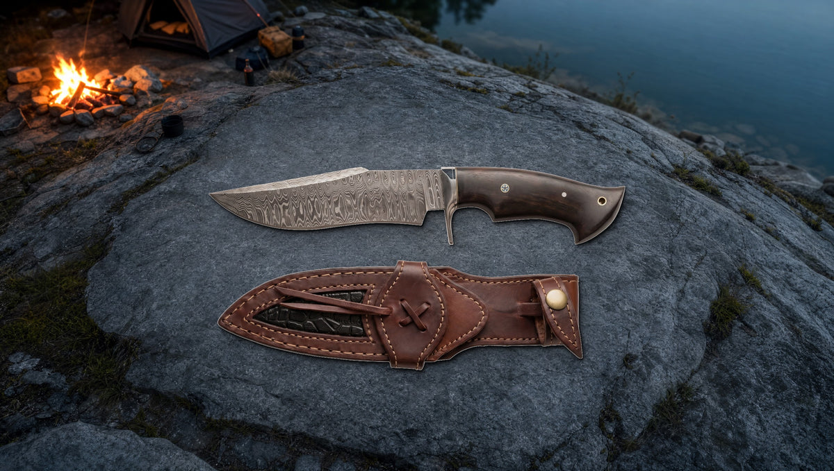 Leopard Hunter Damascus knife and leather sheath on a lakeside rock at a camp at dusk