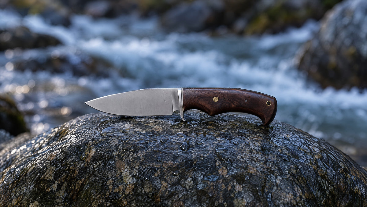 Predator Hunter D2 steel knife with a satin blade and walnut handle on a wet river rock