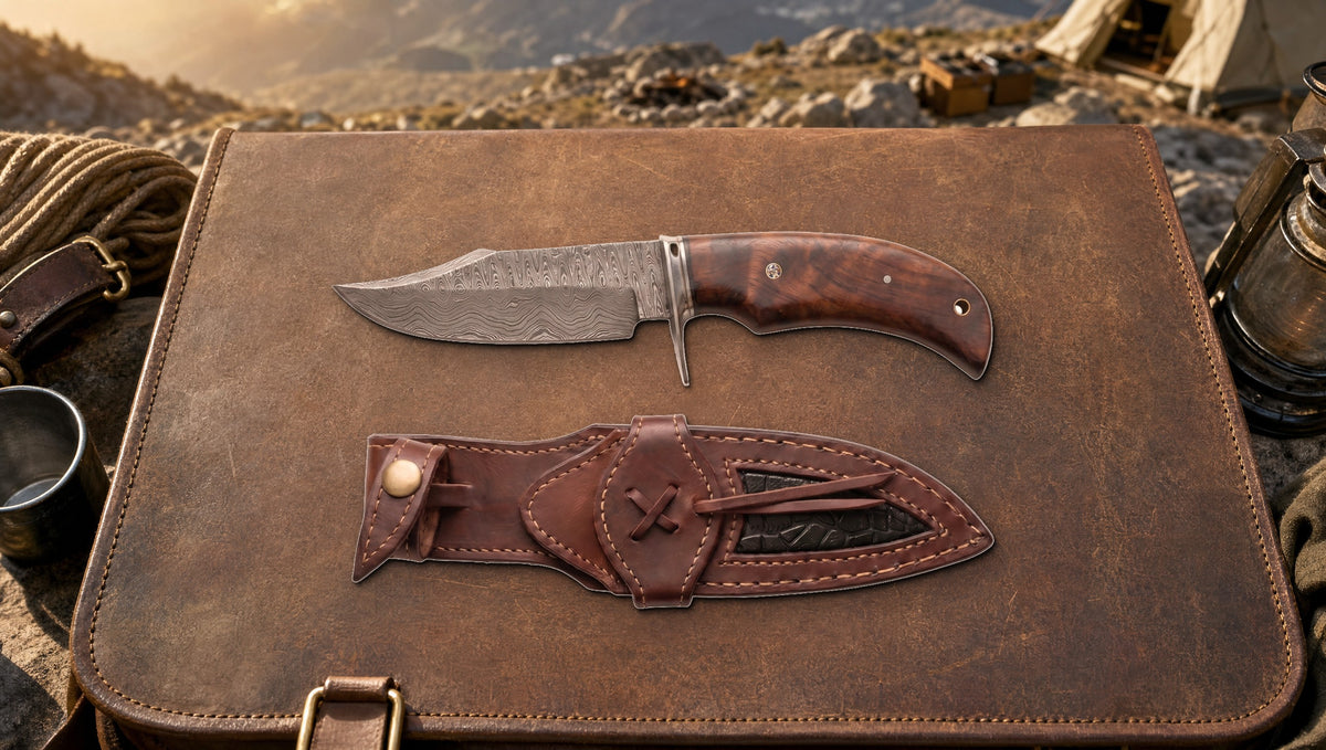 Bear Hunter Damascus fixed blade knife and its leather sheath at a mountain camp