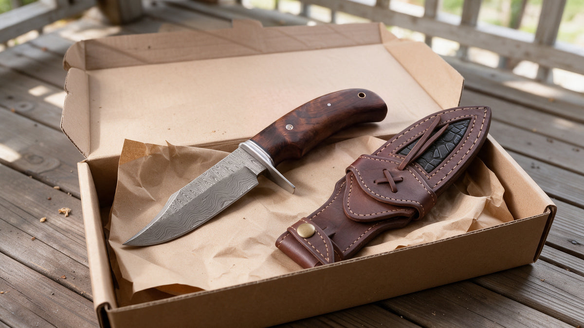 Bear Hunter Damascus fixed blade knife and its leather sheath on kraft paper in an opened shipping box on a porch