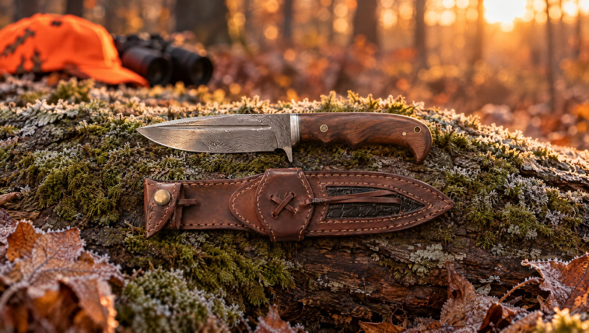 Deer Hunter Damascus hunting knife and its leather sheath on a frosted log in an autumn forest
