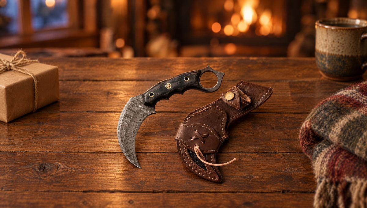 Karambit Desert Fox Damascus knife and its curved leather sheath beside a wrapped gift on a cabin table