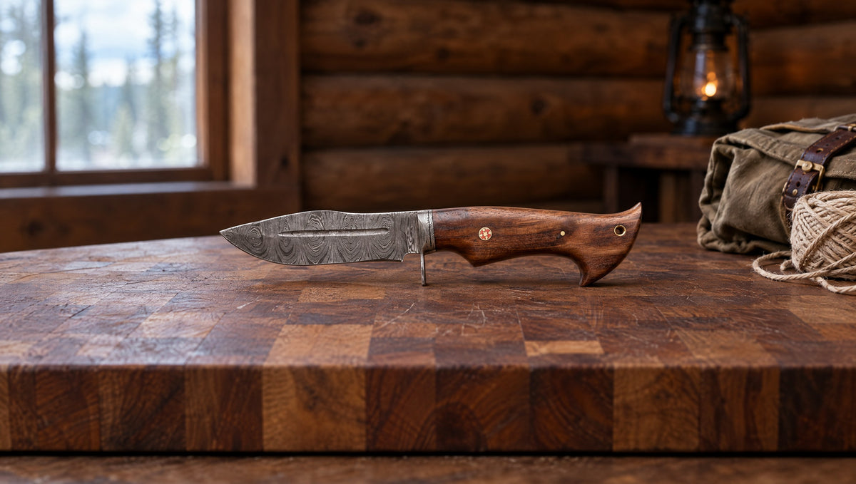 Beast Hunter Damascus drop point skinning knife on a wooden board in a hunting cabin