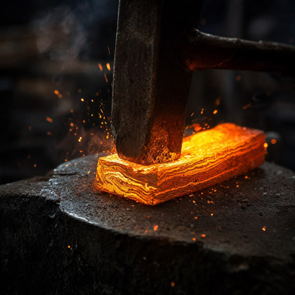 A glowing billet of layered steel under a hammer on the anvil