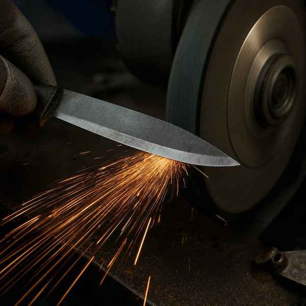 Sparks coming off a blade held against the grinding wheel