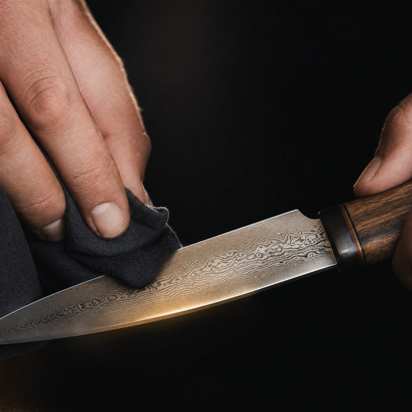 A cloth wiping a coat of oil down a finished blade