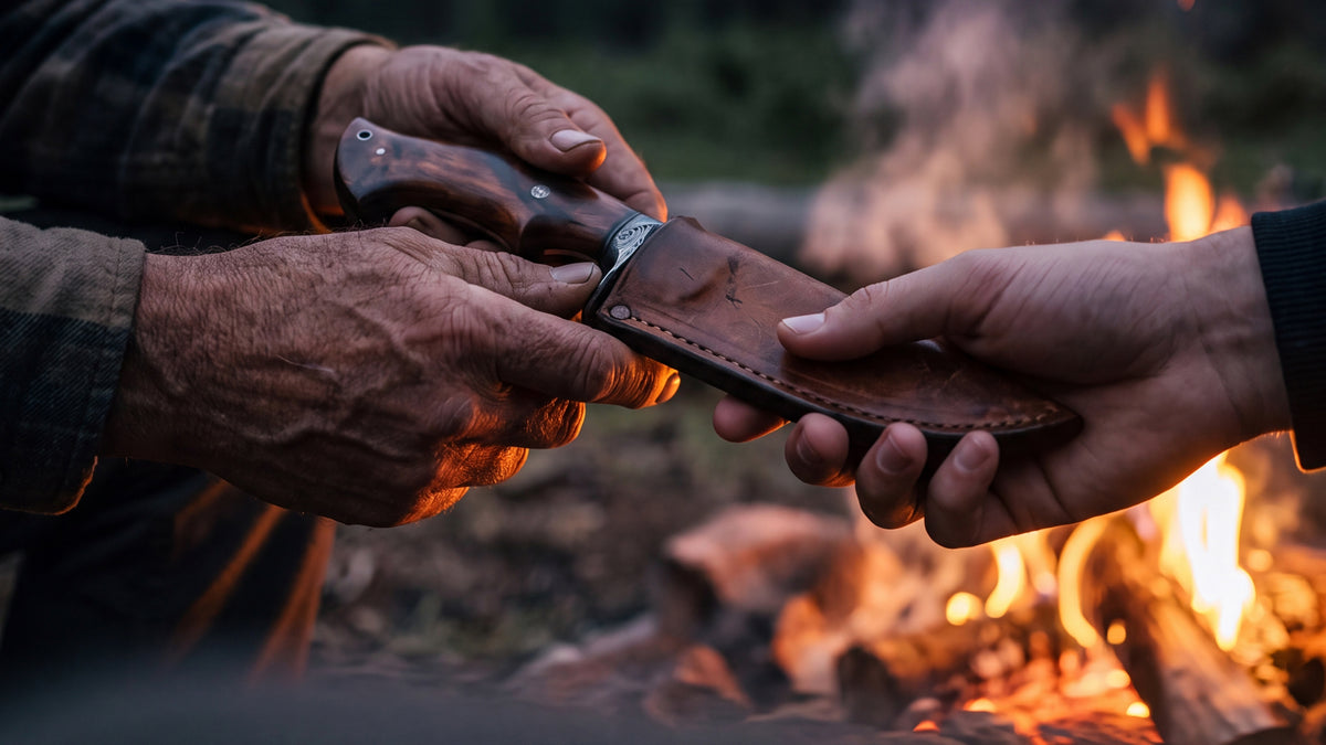 One pair of hands passing a sheathed knife to another beside a campfire