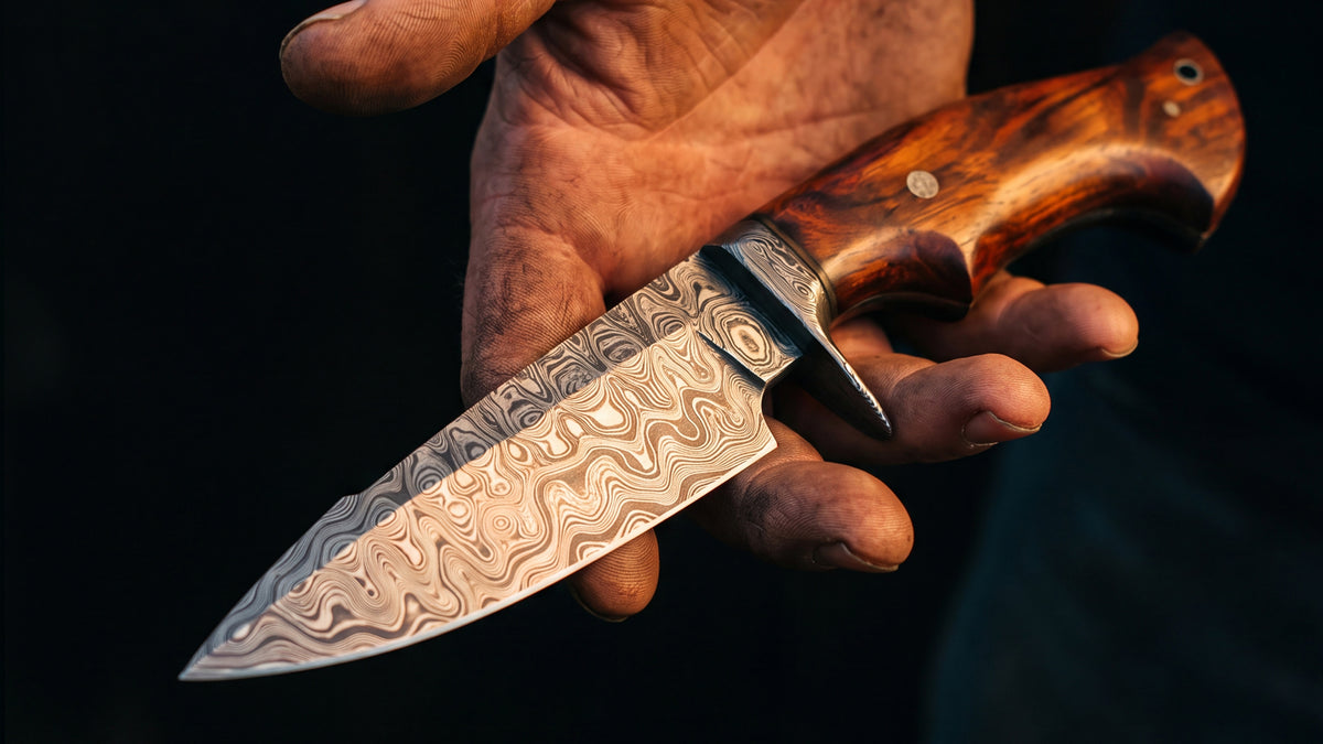 A hand holding a Damascus hunting knife with a figured walnut handle against a dark background